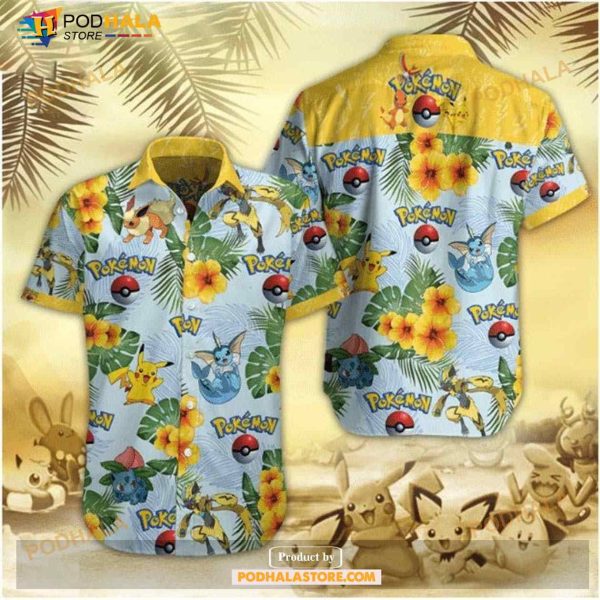 Pokemon Pikachu Eevee Flower Yellow Aloha Funny Hawaiian Shirt