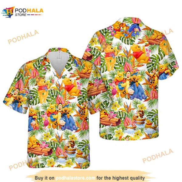 Pooh And Friends Hibicus Flower Leaves Green Funny Hawaiian Shirt