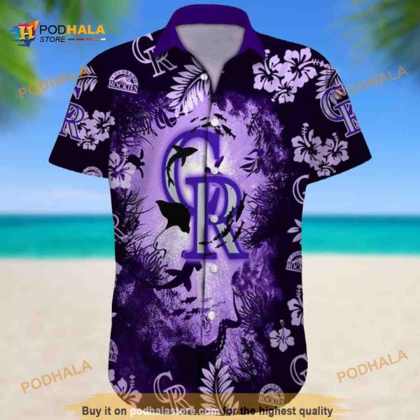 Purple Ocean MLB Colorado Rockies Funny Hawaiian Shirt Hammerhead Sharks And Flowers