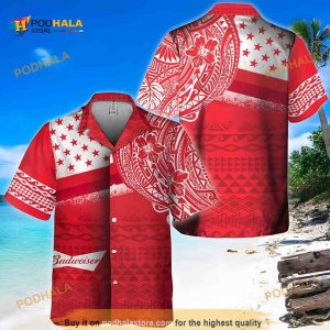 Red Aloha Budweiser Beer Funny Hawaiian Shirt Polynesian Pattern