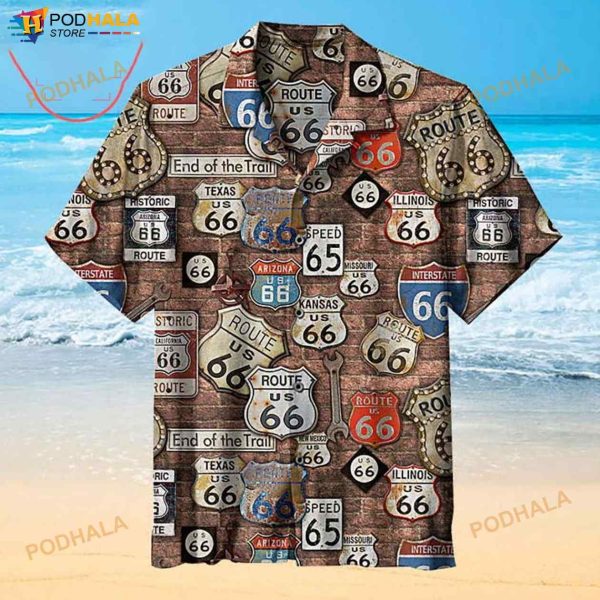 Route 66 On Brick Wall With Road Signs 3D Funny Hawaiian Shirt