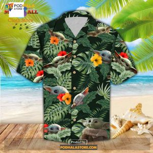 SW Baby Yoda Grogu Hibiscus Flower Tropical 3d Green Funny Hawaiian Shirt