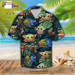 SW Baby Yoda Grogu Stitch Cute Green Aloha Funny Hawaiian Shirt