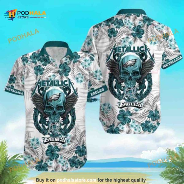 Skull And Flower Pattern NFL Philadelphia Eagles Funny Hawaiian Shirt