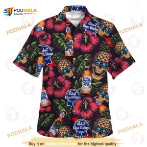 Skull Pineapple Hibiscus Flower Palm Leaves Pabst Blue Ribbon Beer Funny Hawaiian Shirt