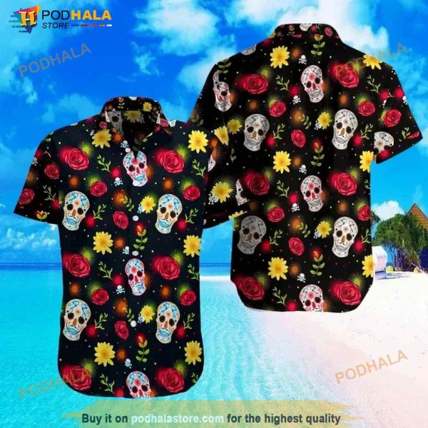 Sugar Skull With Rose Hawaiian Shirt