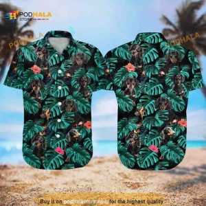 Summer Aloha Dachshund Funny Hawaiian Shirt Palm Leaves Pattern On Dark Theme