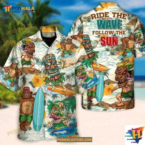 Surfing Funny Bear And Tiki Ride The Wave Follow The Sun Lovers Surfing Hawaiian Shirt