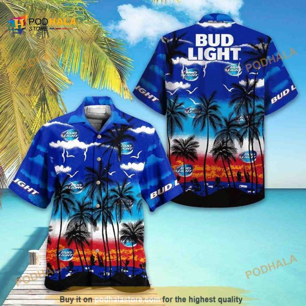 Vintage Bud Light Funny Hawaiian Shirt Blue Sky Palm Tree Summer Beach