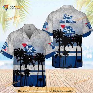 Vintage Pabst Blue Ribbon Beer Funny Hawaiian Shirt Palm Tree Summer Beach Gift