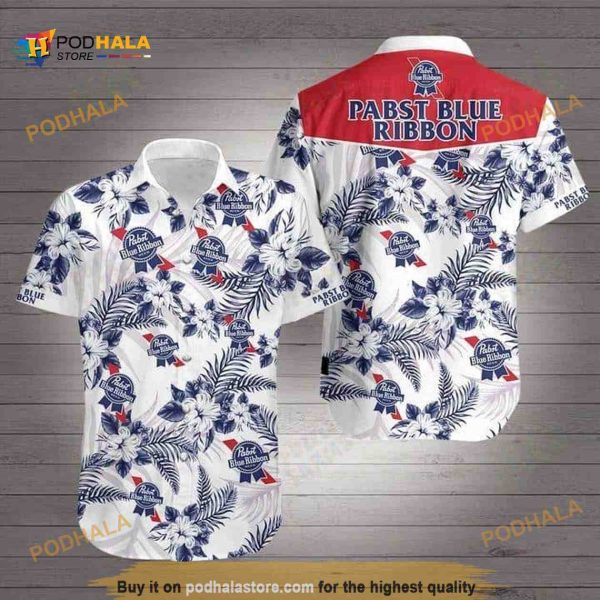 White Aloha Pabst Blue Ribbon Funny Hawaiian Shirt Tropical Flower Pattern