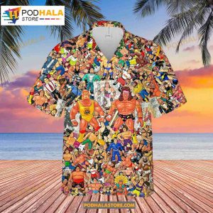 Wrestling Character Collage Art Cactus Made In Hawaiian Shirt